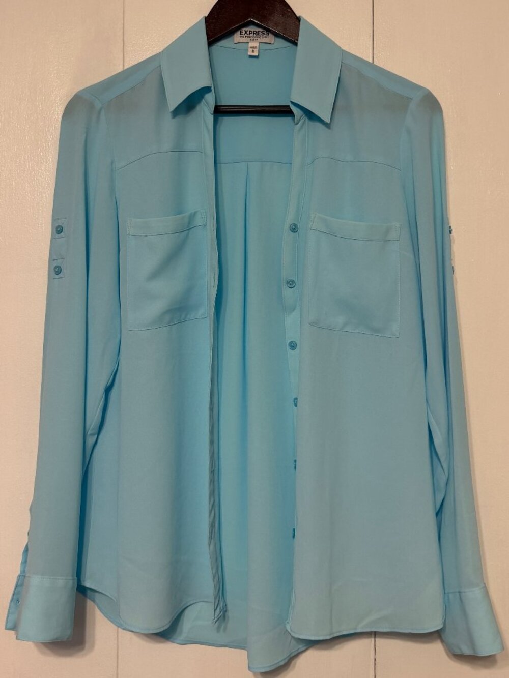 Express Portofino Shirt Slim Fit Light Blue Button Down Blouse Medium